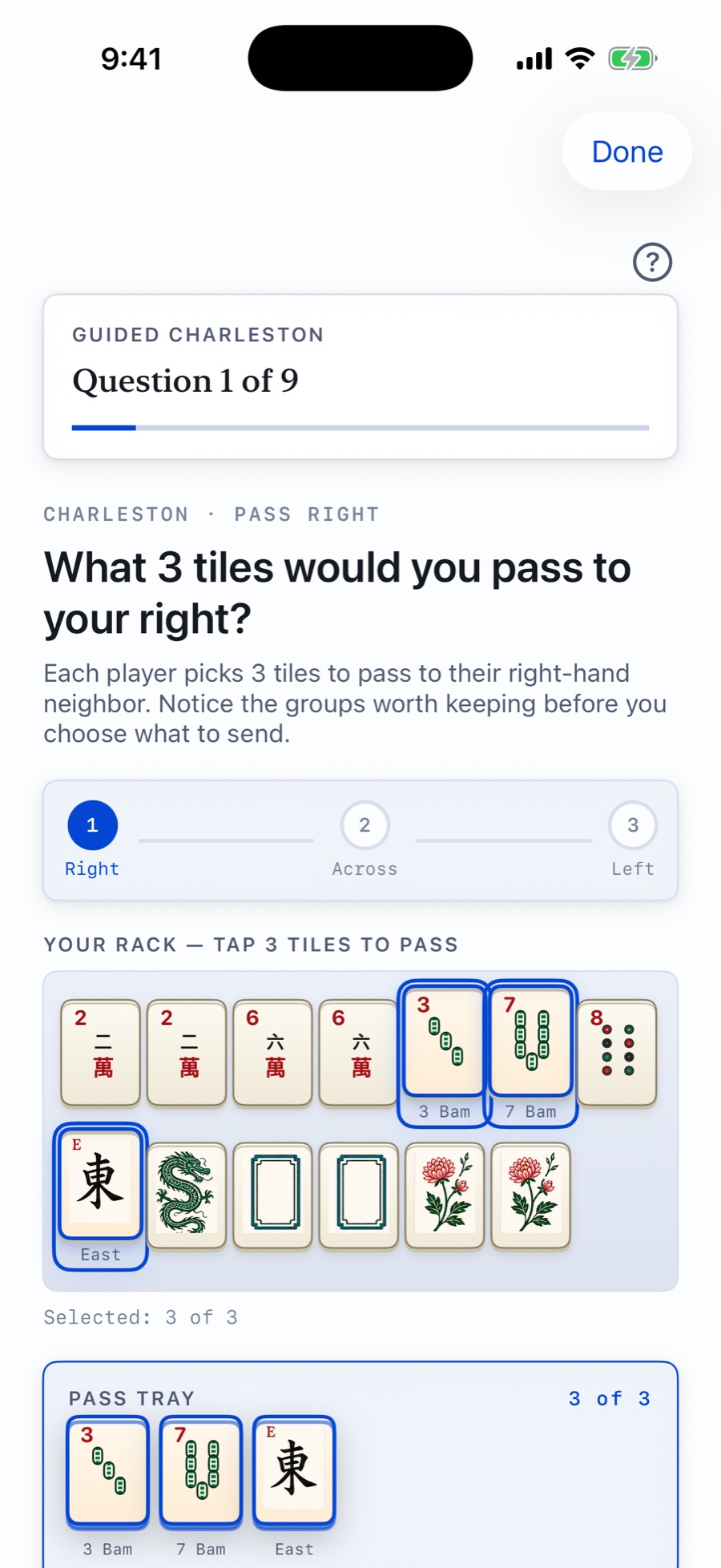 The guided Charleston with three tiles chosen to pass.