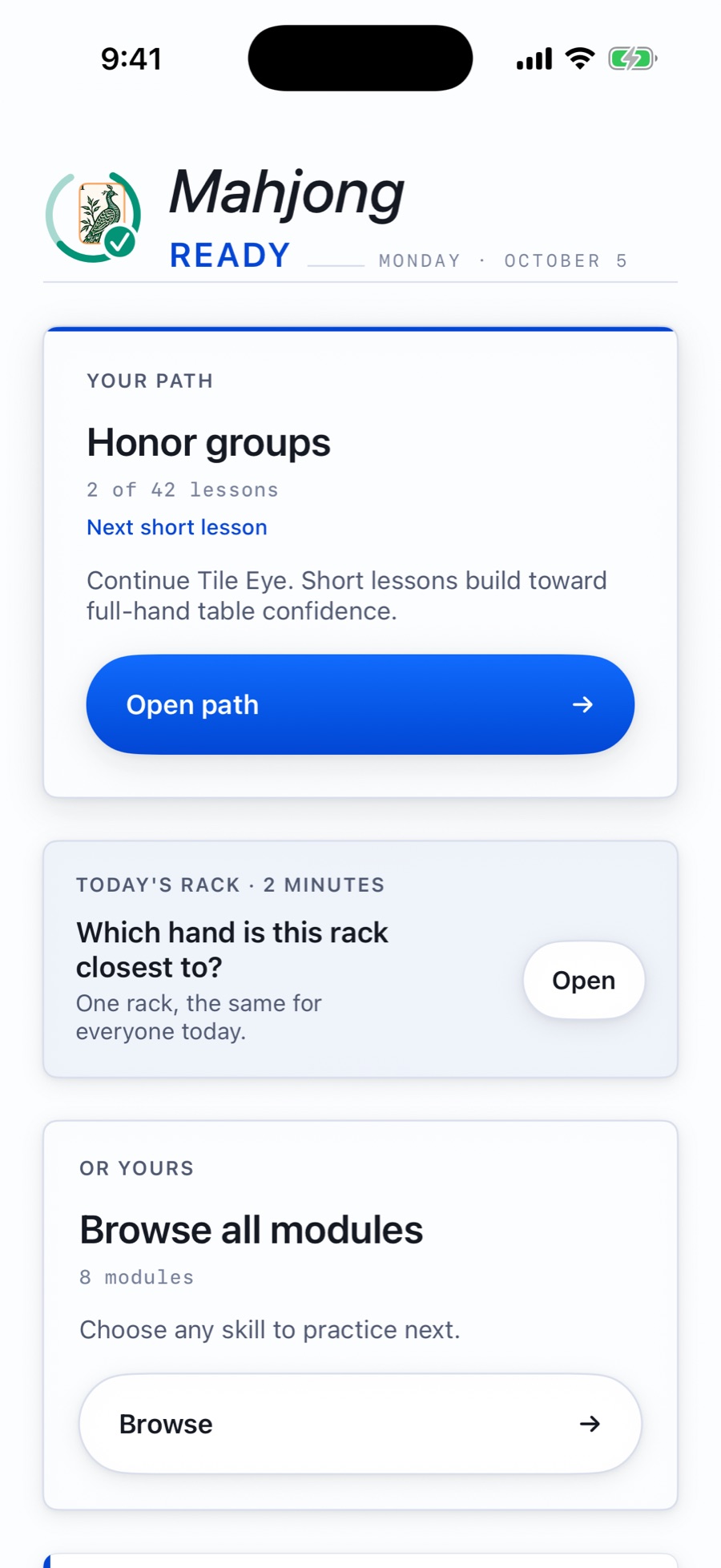 The app's home screen with the course path and today's rack.